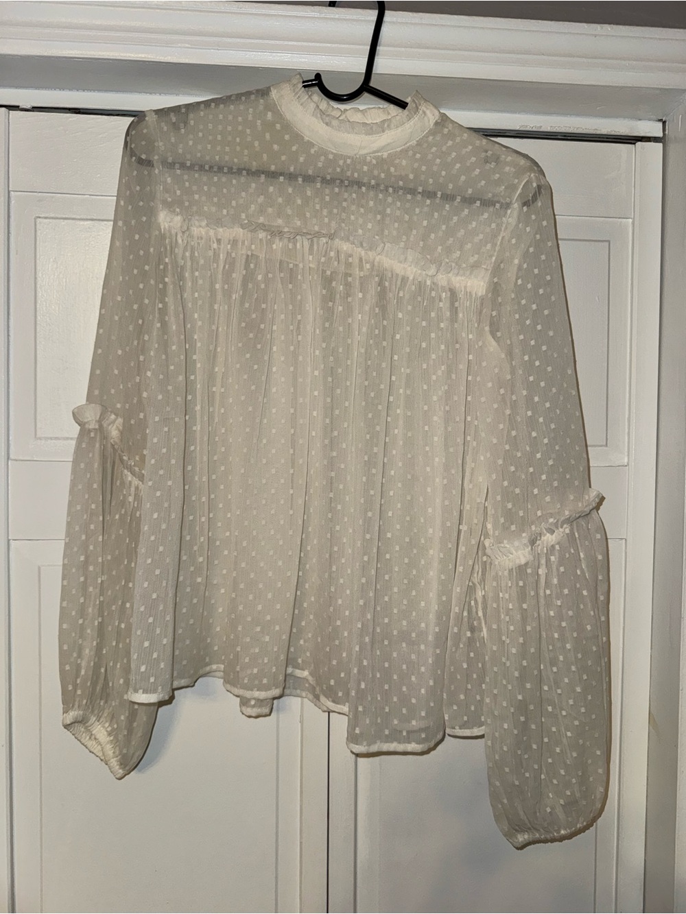 NWOT H&M Cream Swiss Dot Ruffle-Neck Blouse